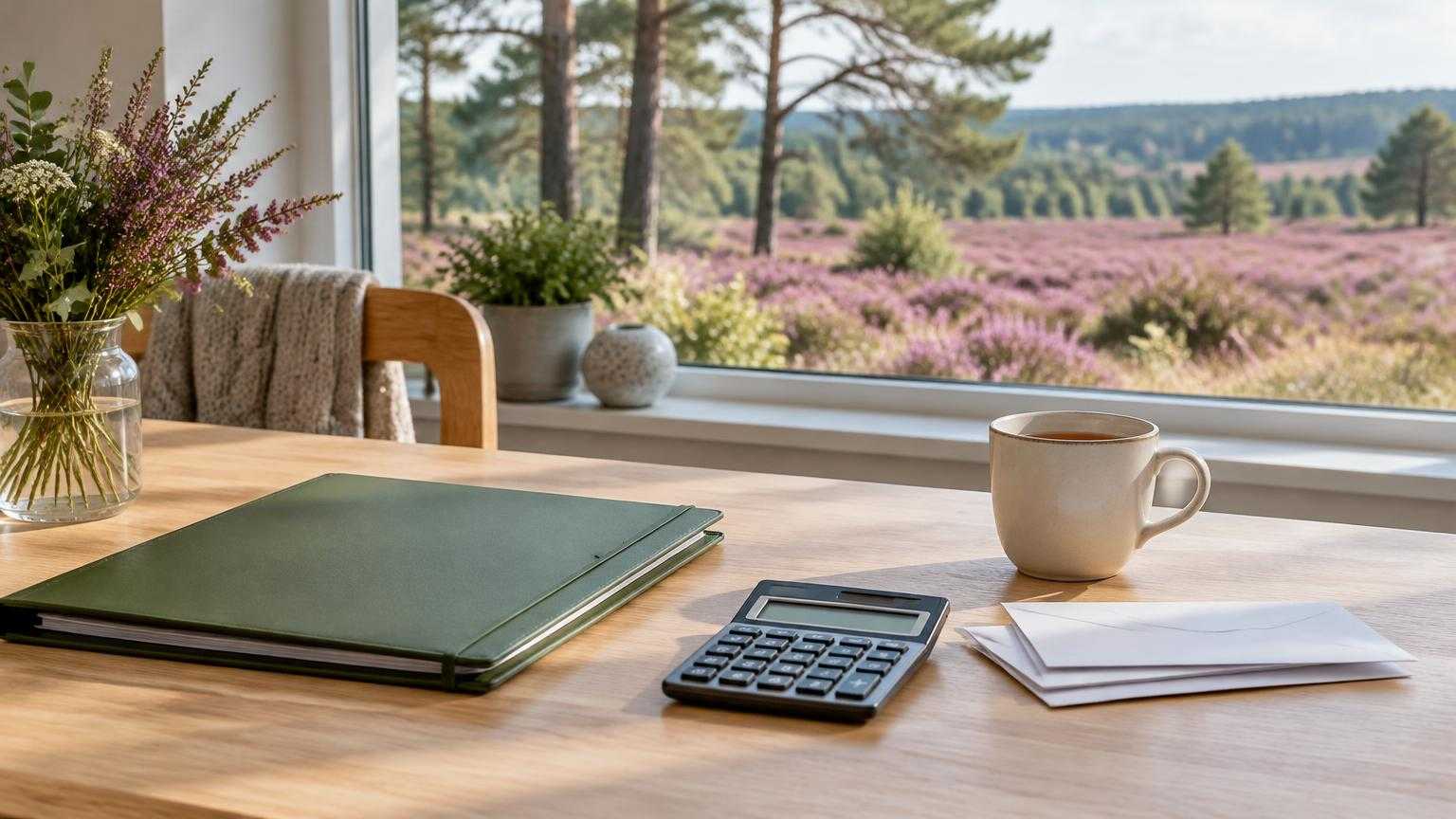 Lichte eettafel bij een raam met uitzicht op bomen en heide, met een gesloten map, een rekenmachine en een stapel enveloppen, als beeld voor geldzaken op orde in Apeldoorn