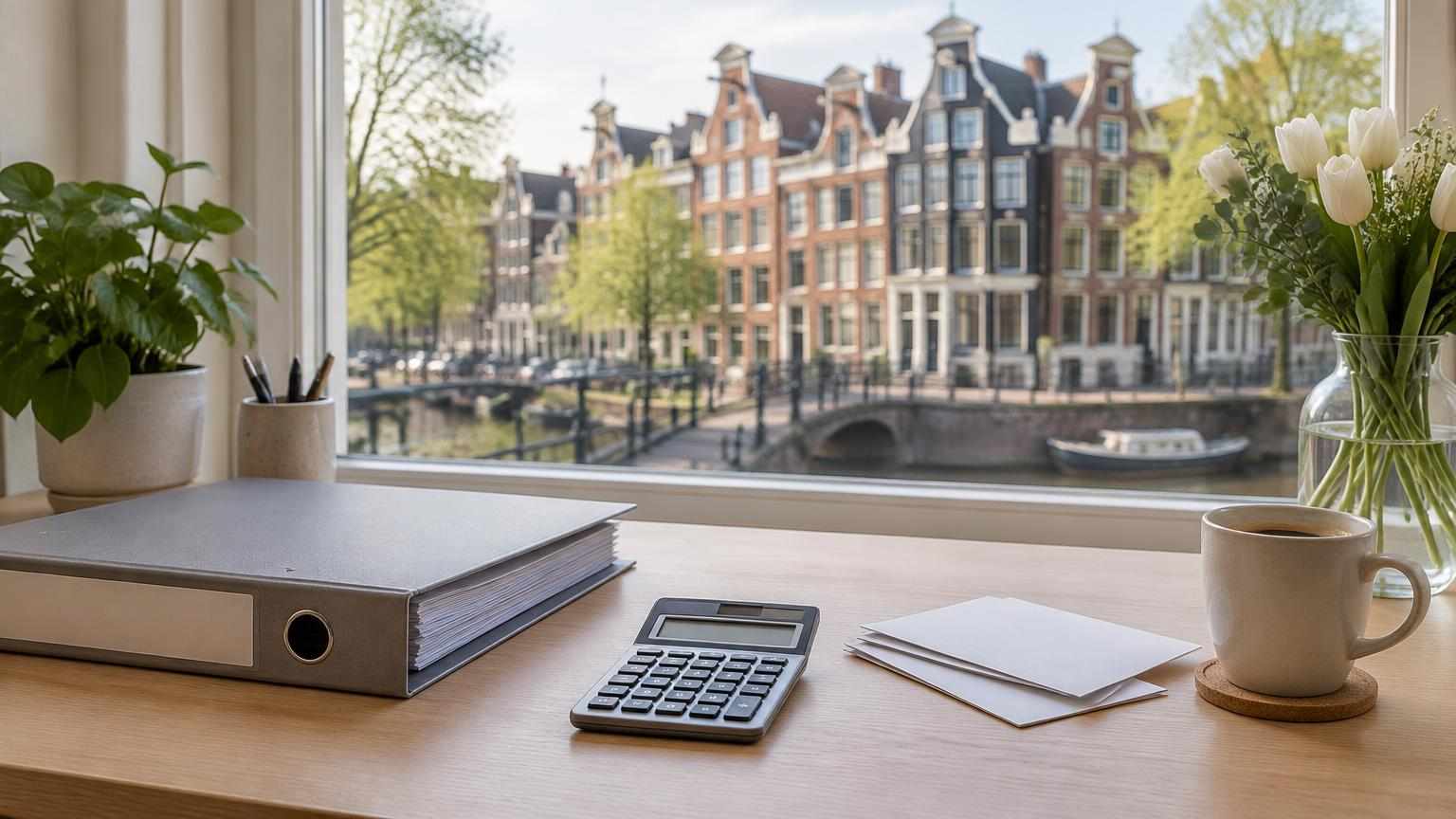 Rustige werkplek met ordner, rekenmachine en enveloppen bij een raam met uitzicht op oude gevels, als beeld voor geldzaken op orde in Deventer