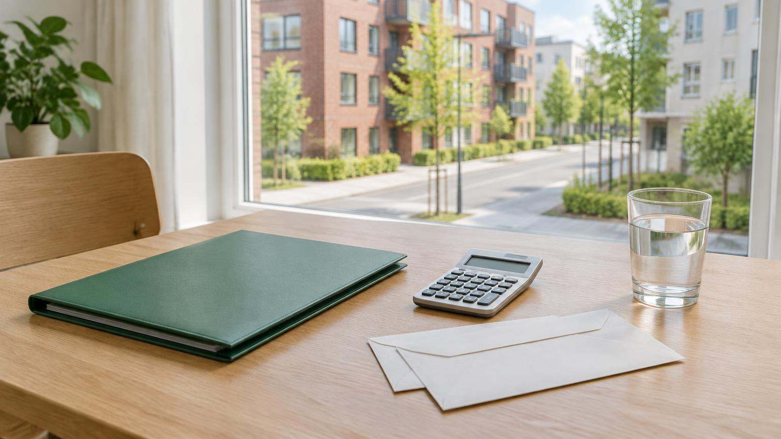 Lichte woonkamertafel bij een groot raam met uitzicht op moderne stadswoningen, met een gesloten map, een rekenmachine en enkele enveloppen, als beeld voor geldzaken op orde in Enschede