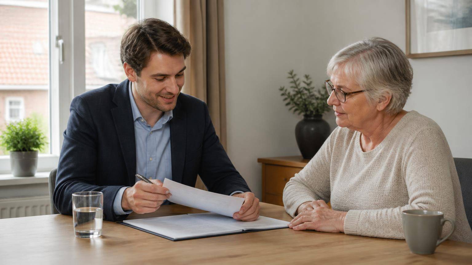 Bewindvoerder bespreekt de financiën met een inwoner van Groningen aan tafel