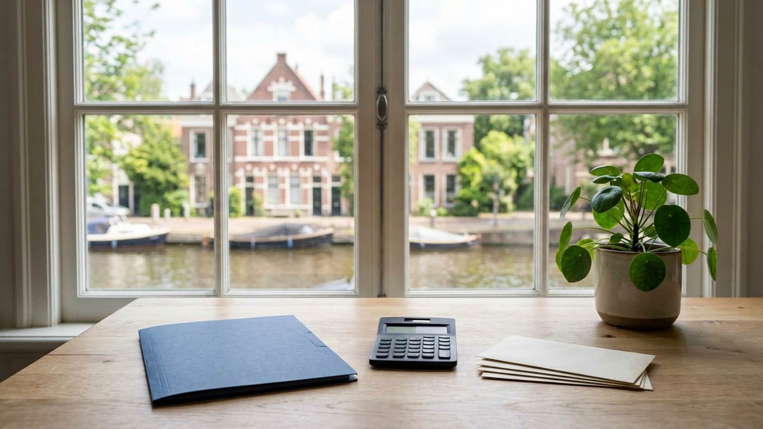 Lichte keukentafel met een geordende map, een rekenmachine en een stapel enveloppen bij een raam met uitzicht op een gracht met oude gevels, als beeld voor geldzaken op orde in Zwolle