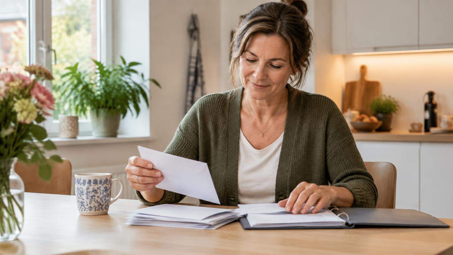 Vrouw zet aan de keukentafel haar rekeningen en post op een rij